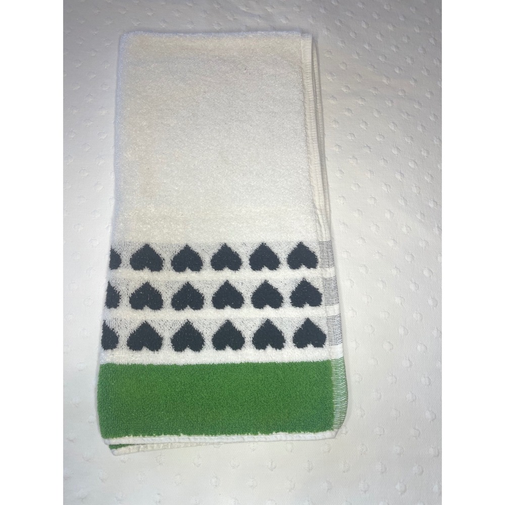 Vintage German Hand Towel 100% Cotton White Black Hearts Green Border 31x15